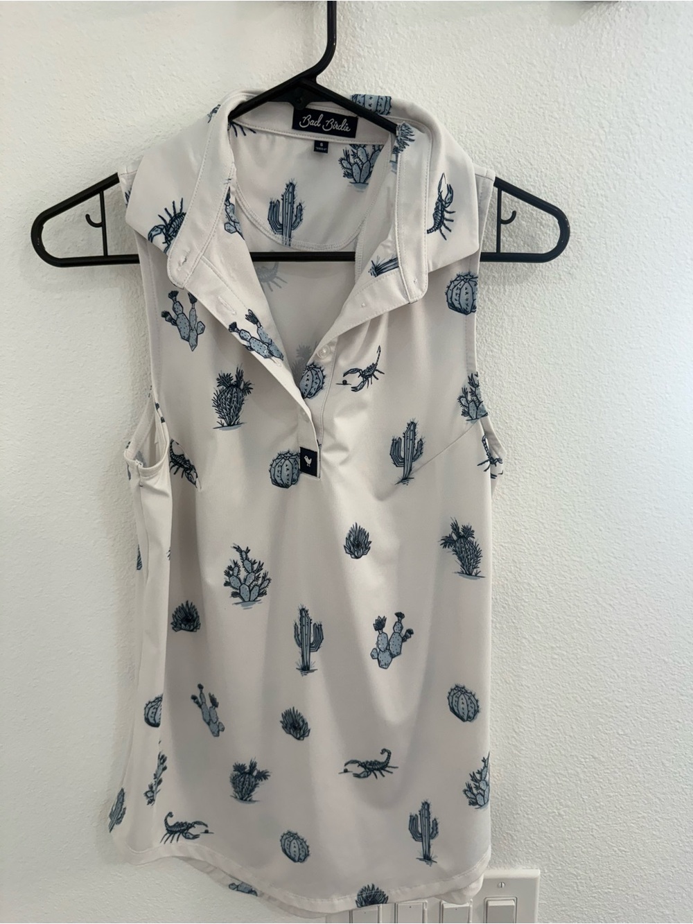 Bad Birdie Blue Cactus Print Sleeveless Polo Top